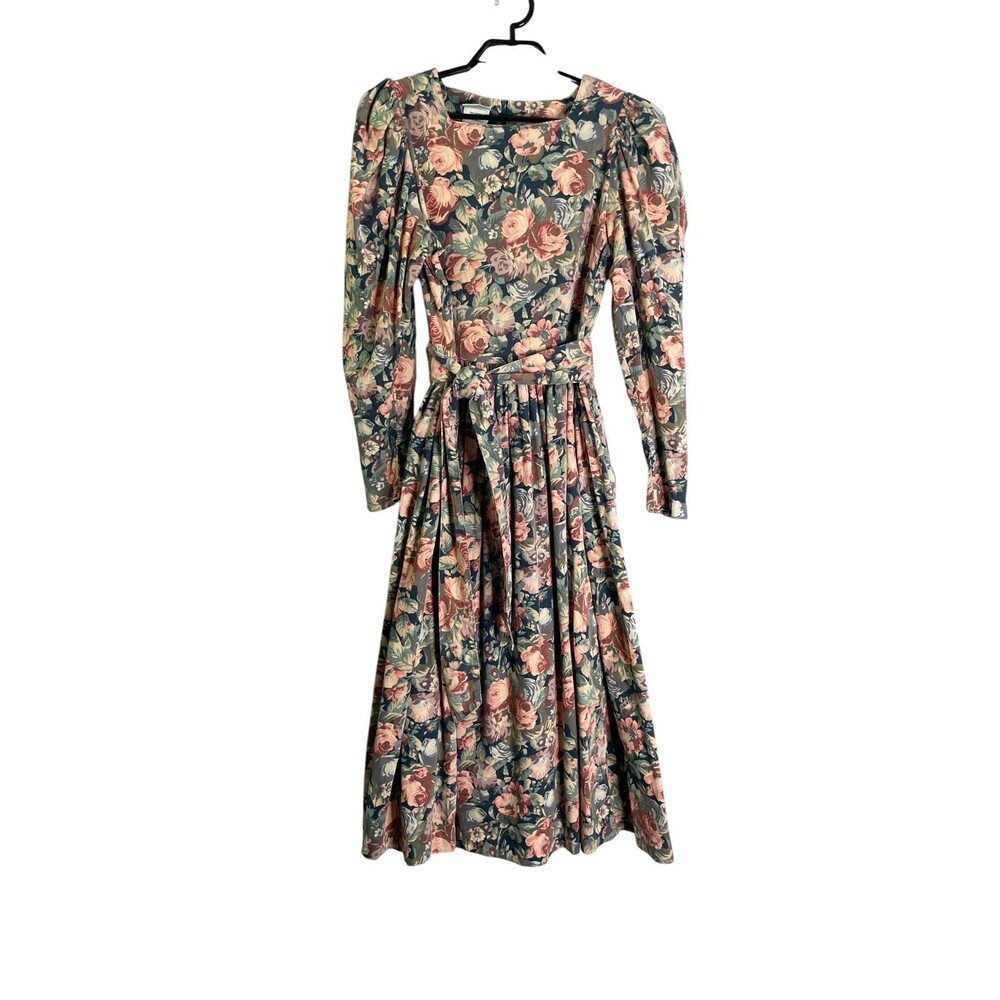 Vintage 80s LAURA ASHLEY Floral Print Puff Shoulder Corduroy Midi Dress WOMEN 14